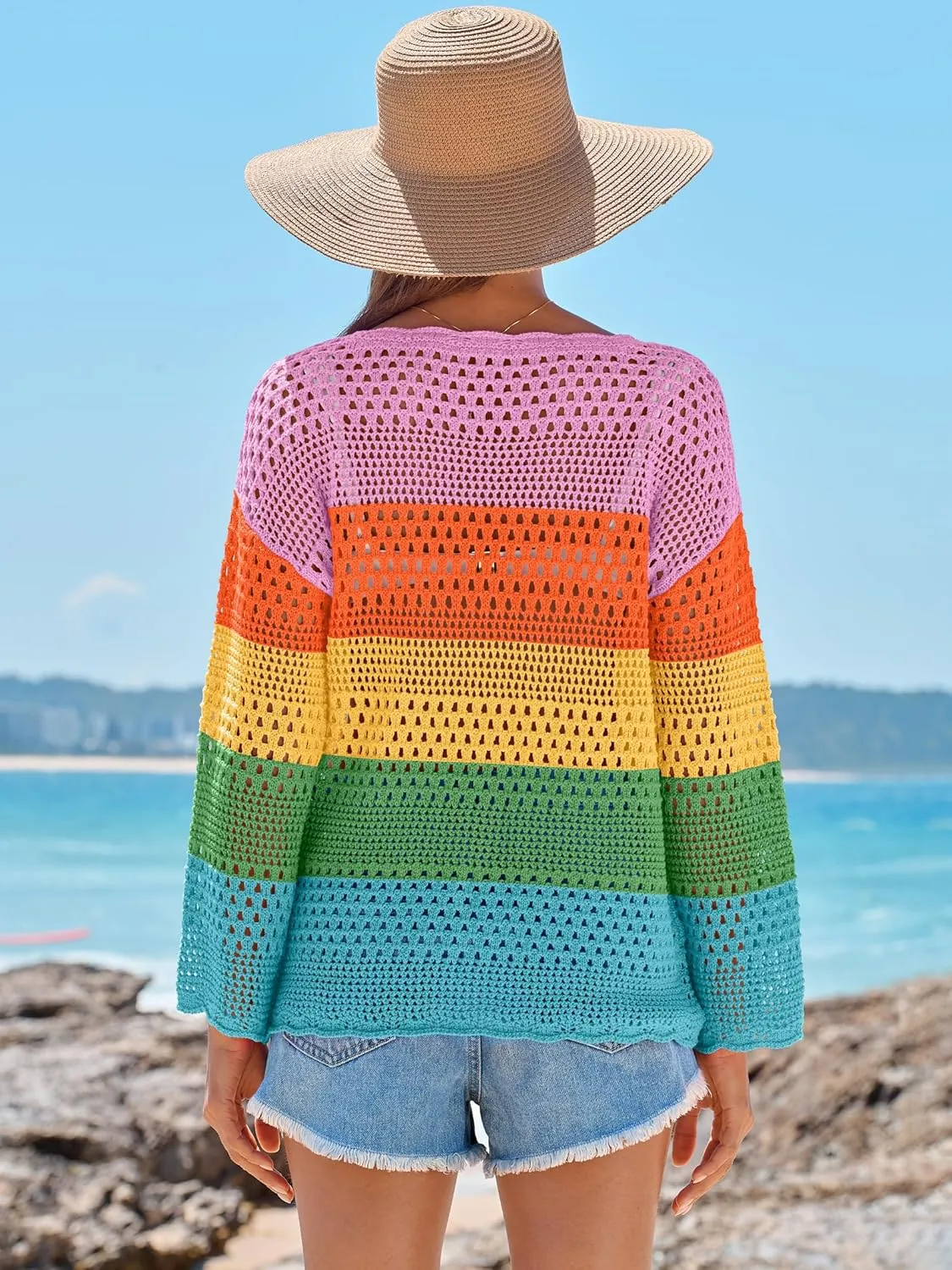 ANRABESS Womens Crochet Cover Up Summer Long Sleeve Loose Fit Casual Sweater Tops Hollow Out Knit Swimwear 2025 Beach Shirts