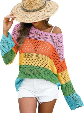ANRABESS Womens Crochet Cover Up Summer Long Sleeve Loose Fit Casual Sweater Tops Hollow Out Knit Swimwear 2025 Beach Shirts