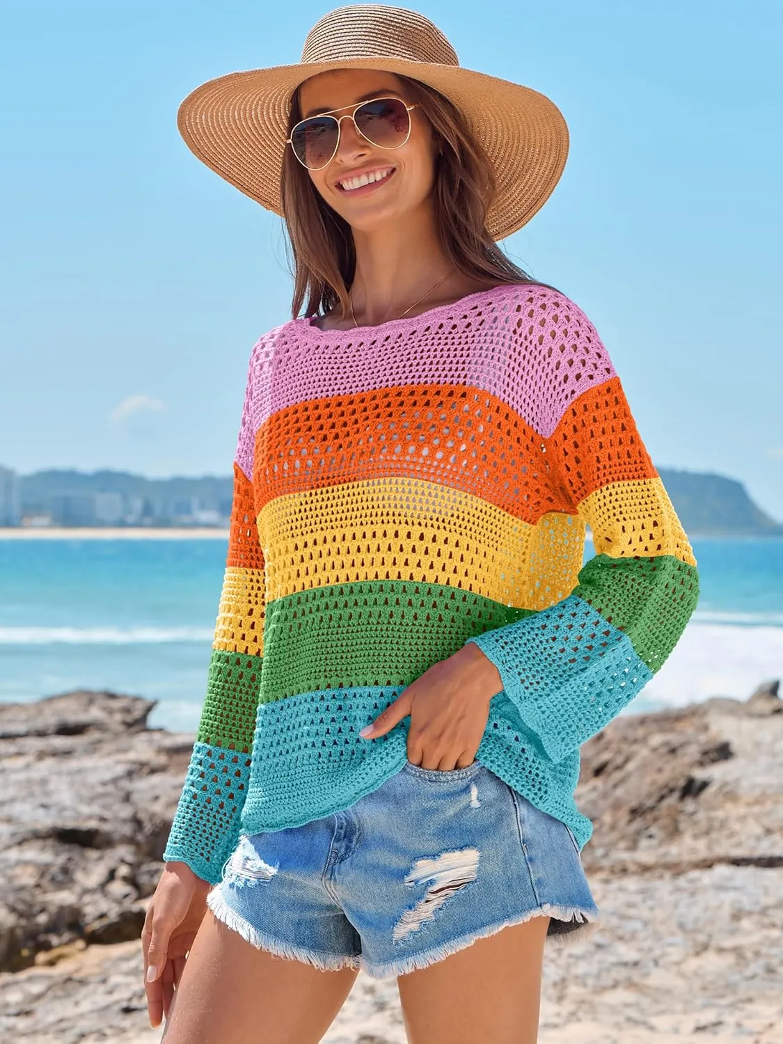 ANRABESS Womens Crochet Cover Up Summer Long Sleeve Loose Fit Casual Sweater Tops Hollow Out Knit Swimwear 2025 Beach Shirts