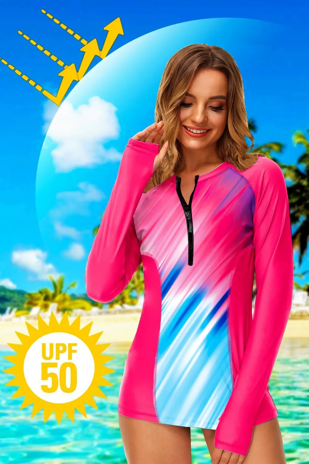 AOBUTE Women Zip Rash Guard UPF 50  Surf Swim Shirts with Thumb Hole