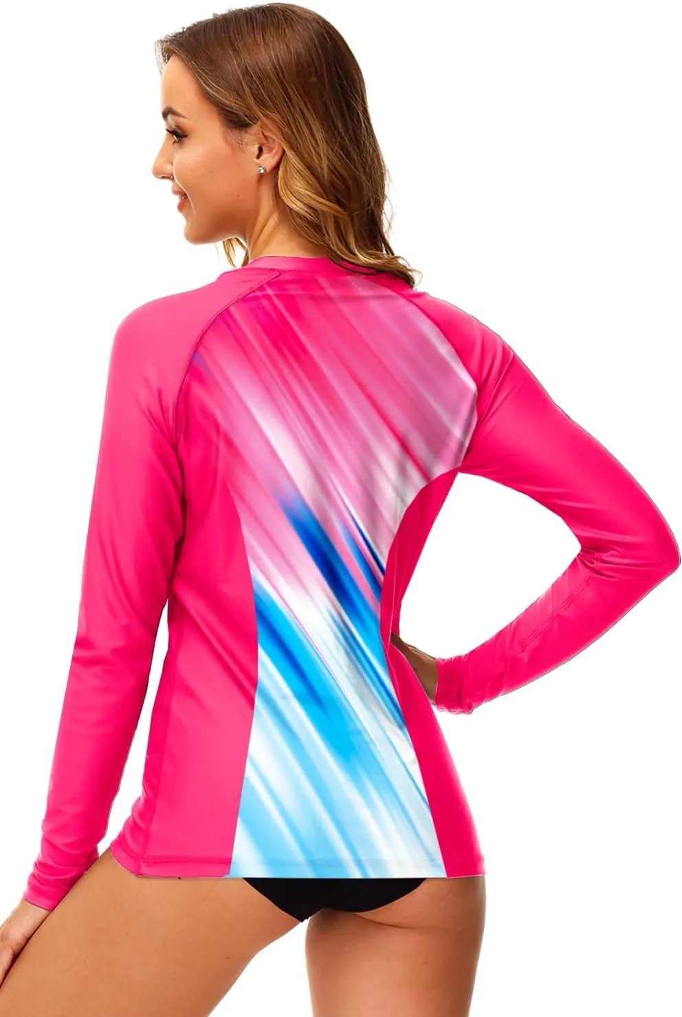 AOBUTE Women Zip Rash Guard UPF 50  Surf Swim Shirts with Thumb Hole