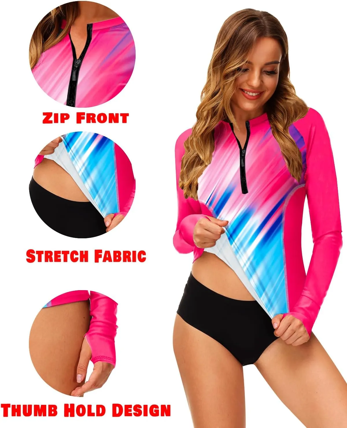 AOBUTE Women Zip Rash Guard UPF 50  Surf Swim Shirts with Thumb Hole