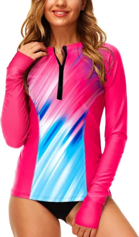 AOBUTE Women Zip Rash Guard UPF 50  Surf Swim Shirts with Thumb Hole