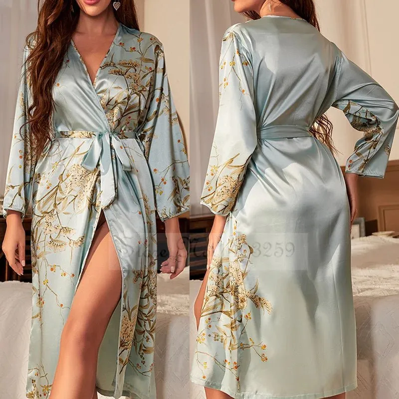 Attractive Female Twinset Satin Robe Set Featuring a Cherry Flower Print