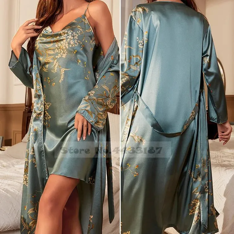 Attractive Female Twinset Satin Robe Set Featuring a Cherry Flower Print