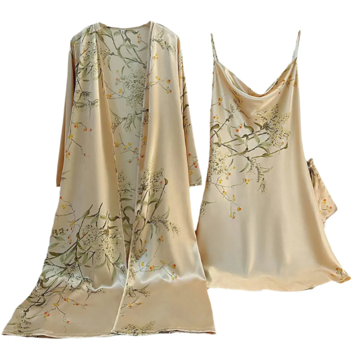Attractive Female Twinset Satin Robe Set Featuring a Cherry Flower Print