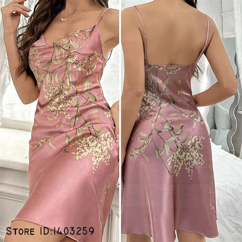Attractive Female Twinset Satin Robe Set Featuring a Cherry Flower Print