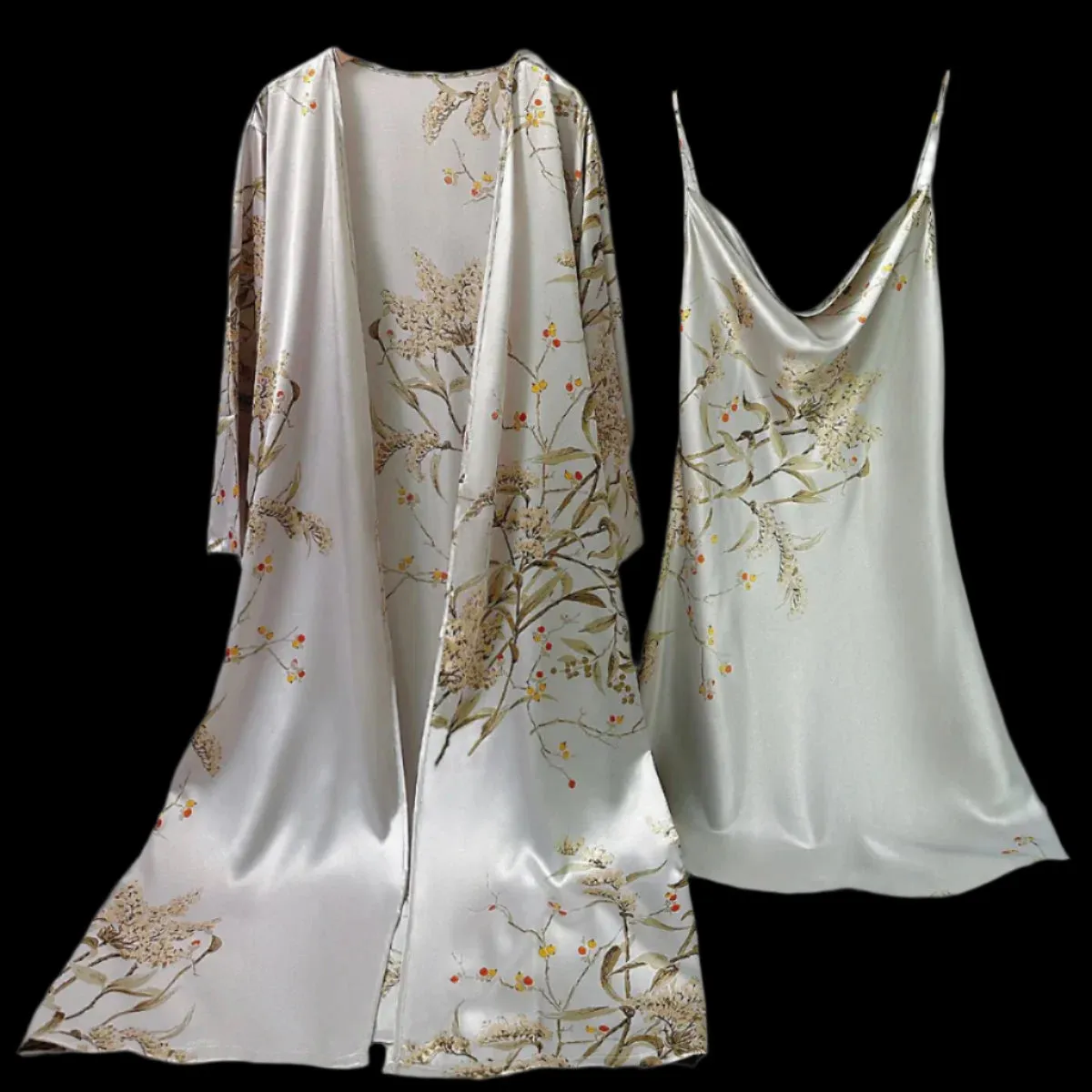 Attractive Female Twinset Satin Robe Set Featuring a Cherry Flower Print