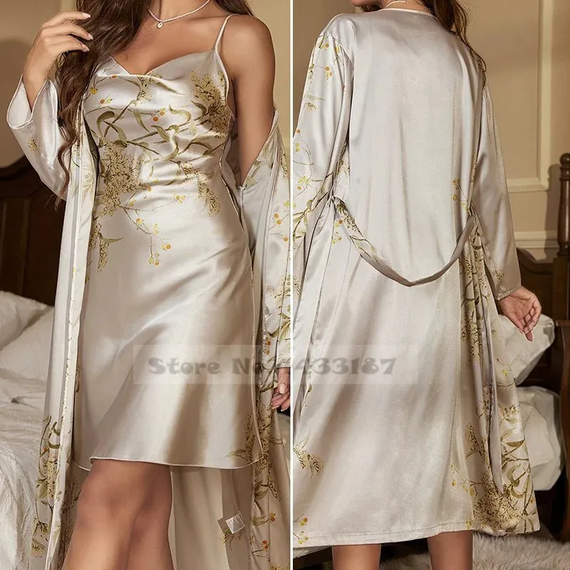 Attractive Female Twinset Satin Robe Set Featuring a Cherry Flower Print