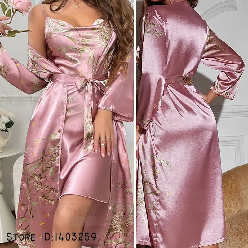 Attractive Female Twinset Satin Robe Set Featuring a Cherry Flower Print