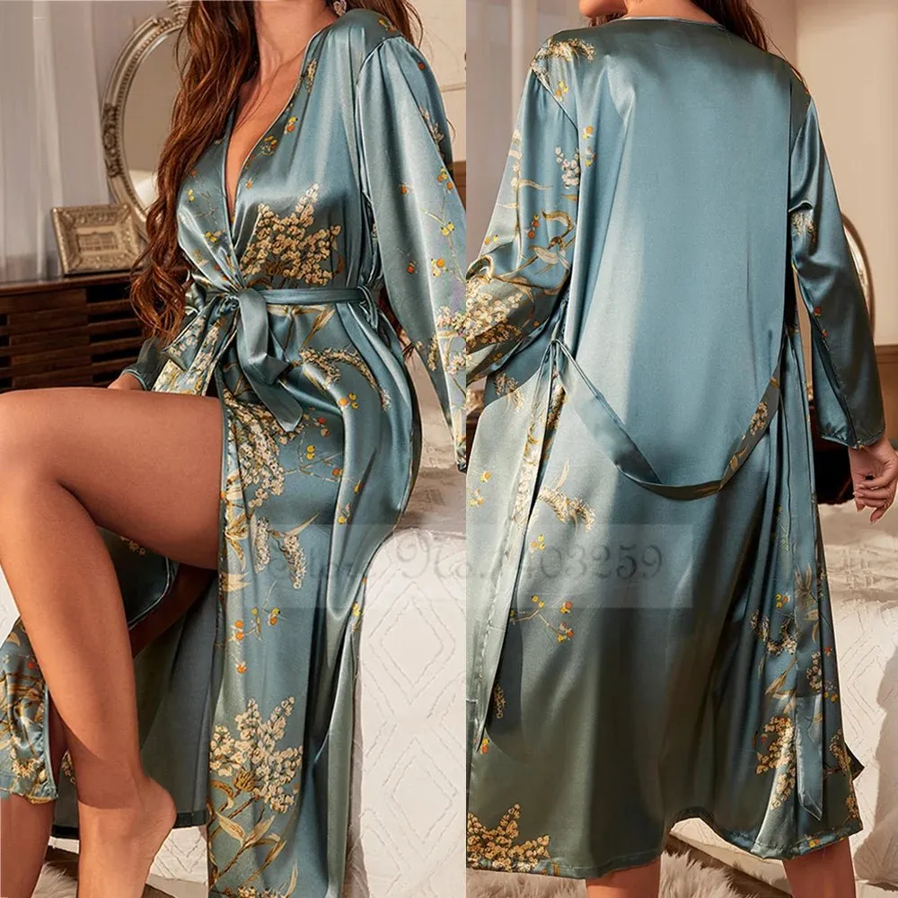 Attractive Female Twinset Satin Robe Set Featuring a Cherry Flower Print