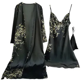 Attractive Female Twinset Satin Robe Set Featuring a Cherry Flower Print