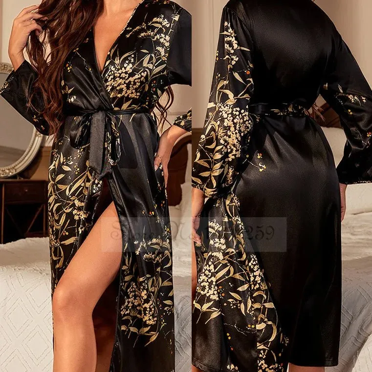 Attractive Female Twinset Satin Robe Set Featuring a Cherry Flower Print