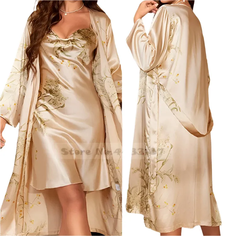 Attractive Female Twinset Satin Robe Set Featuring a Cherry Flower Print