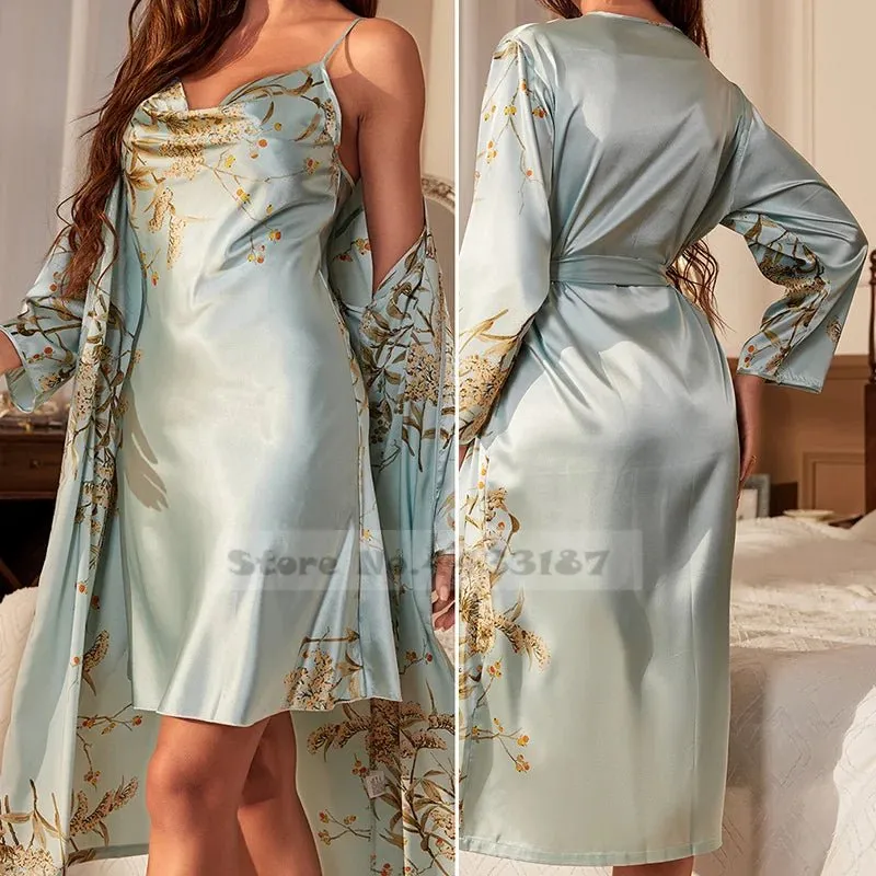 Attractive Female Twinset Satin Robe Set Featuring a Cherry Flower Print