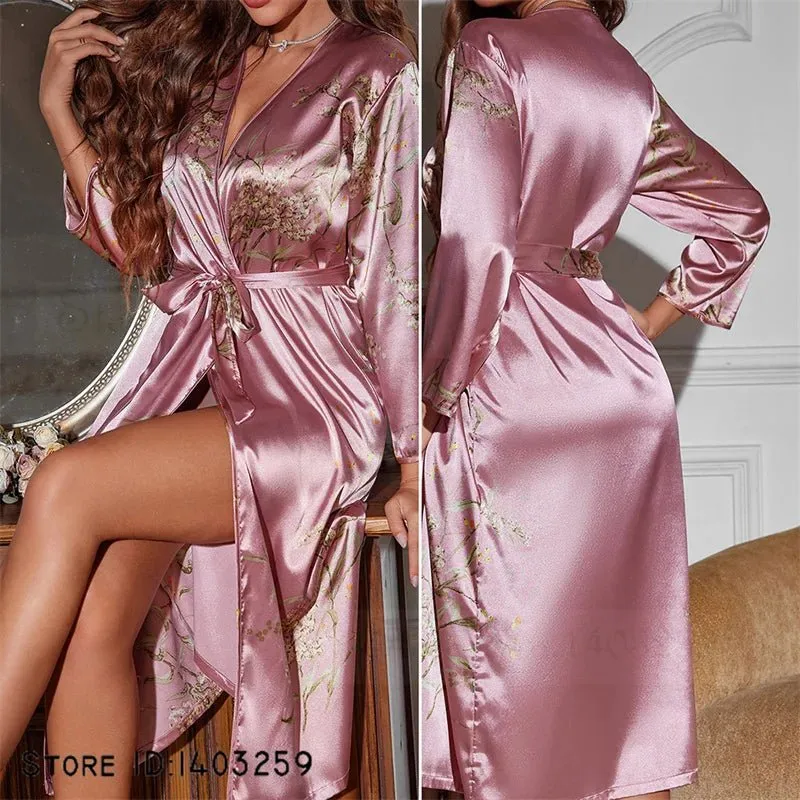 Attractive Female Twinset Satin Robe Set Featuring a Cherry Flower Print