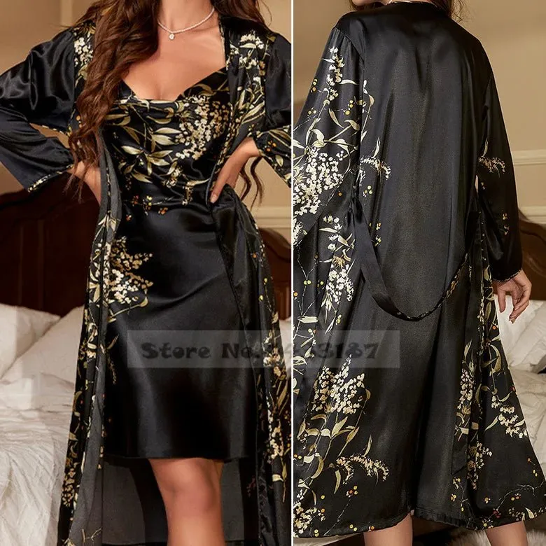 Attractive Female Twinset Satin Robe Set Featuring a Cherry Flower Print