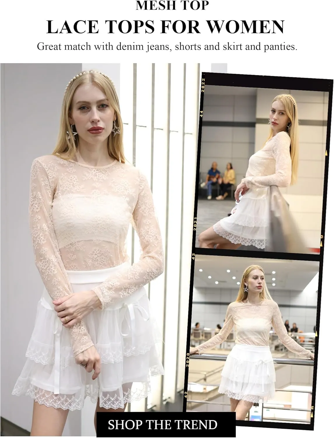 Avidlove Lace Mesh Top for Women Long Sleeve Crew Neck Sheer Blouse See Through Floral Lace Tops
