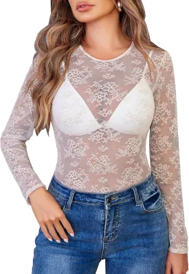 Avidlove Lace Mesh Top for Women Long Sleeve Crew Neck Sheer Blouse See Through Floral Lace Tops