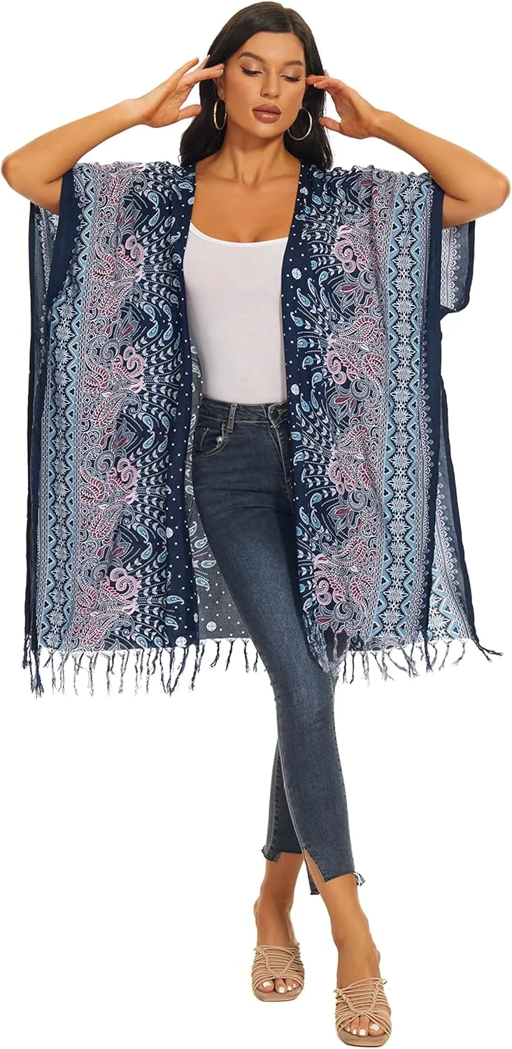Beautybatik Women Hippie Gypsy Boho Printed Kimono Cardigan Shawl Wrap Swimsuit Cover Up Jacket One Size