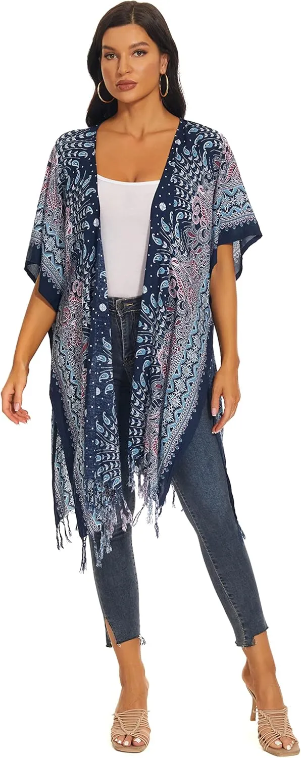 Beautybatik Women Hippie Gypsy Boho Printed Kimono Cardigan Shawl Wrap Swimsuit Cover Up Jacket One Size