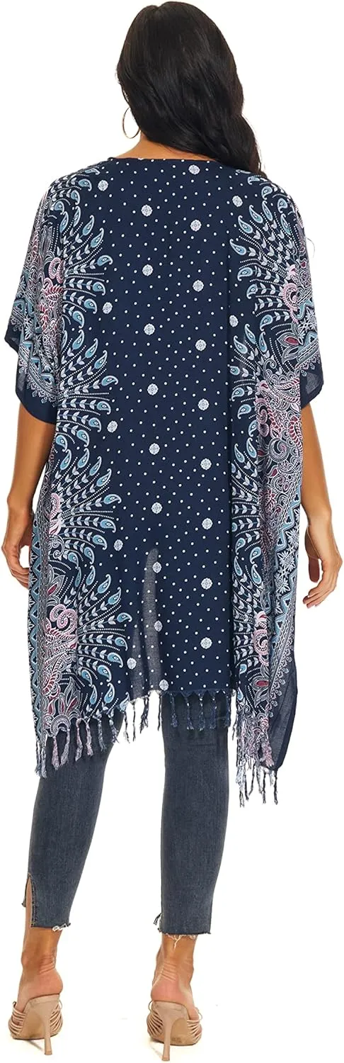 Beautybatik Women Hippie Gypsy Boho Printed Kimono Cardigan Shawl Wrap Swimsuit Cover Up Jacket One Size