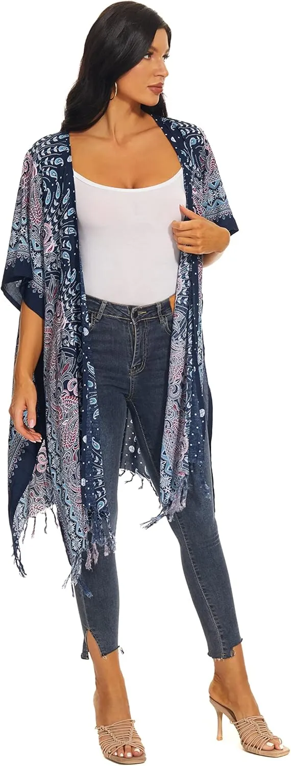 Beautybatik Women Hippie Gypsy Boho Printed Kimono Cardigan Shawl Wrap Swimsuit Cover Up Jacket One Size
