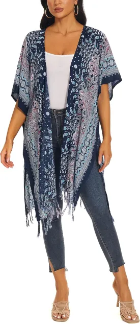 Beautybatik Women Hippie Gypsy Boho Printed Kimono Cardigan Shawl Wrap Swimsuit Cover Up Jacket One Size