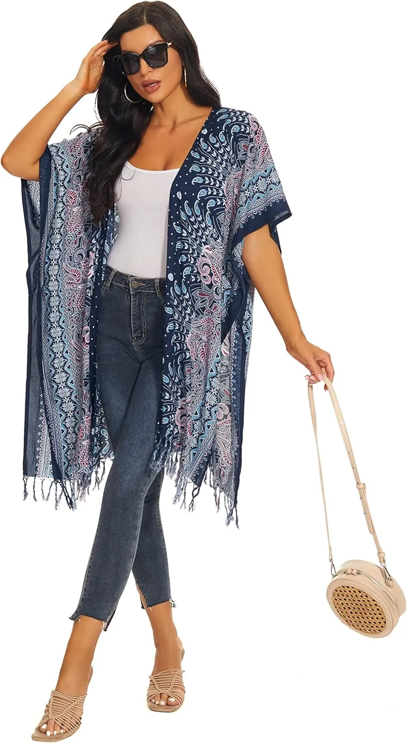 Beautybatik Women Hippie Gypsy Boho Printed Kimono Cardigan Shawl Wrap Swimsuit Cover Up Jacket One Size
