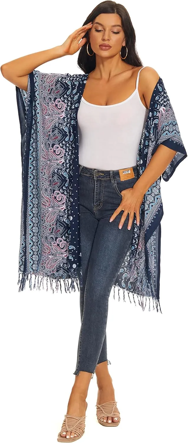 Beautybatik Women Hippie Gypsy Boho Printed Kimono Cardigan Shawl Wrap Swimsuit Cover Up Jacket One Size