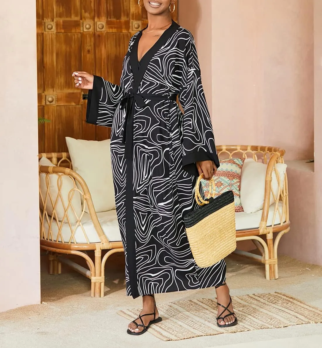 Bestyyou Women's Printed Kimono Cardigan with Tie Long Robe Dress Belted Bikini Swimsuit Cover Up Swimwear