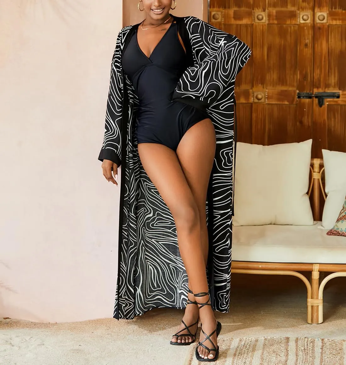 Bestyyou Women's Printed Kimono Cardigan with Tie Long Robe Dress Belted Bikini Swimsuit Cover Up Swimwear