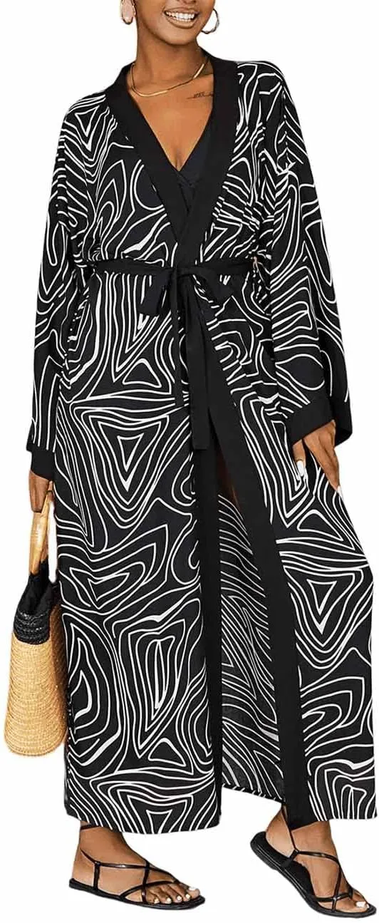 Bestyyou Women's Printed Kimono Cardigan with Tie Long Robe Dress Belted Bikini Swimsuit Cover Up Swimwear