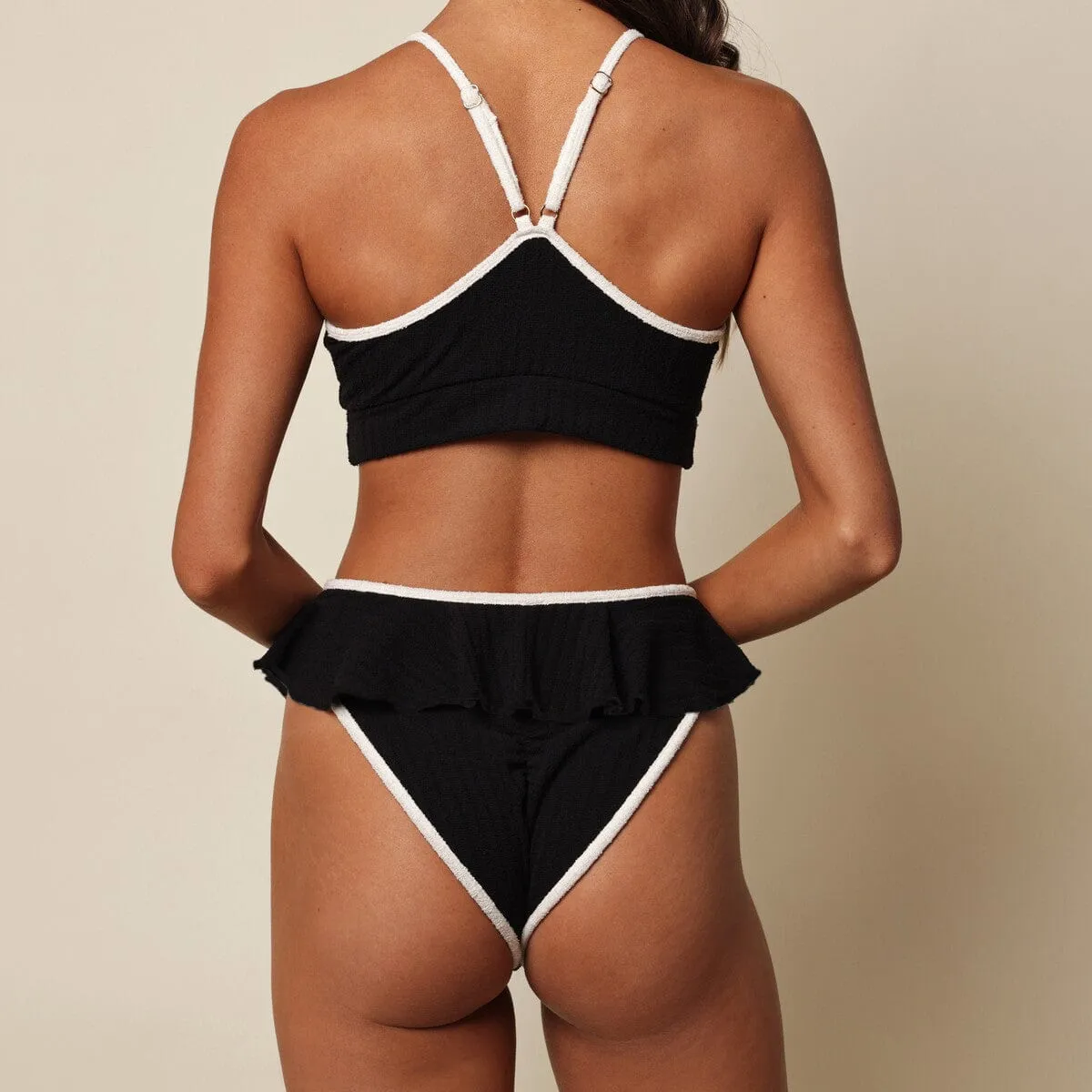 Black (Cream Binded) Terry Rib Tamarindo Ruffle Bikini Bottom