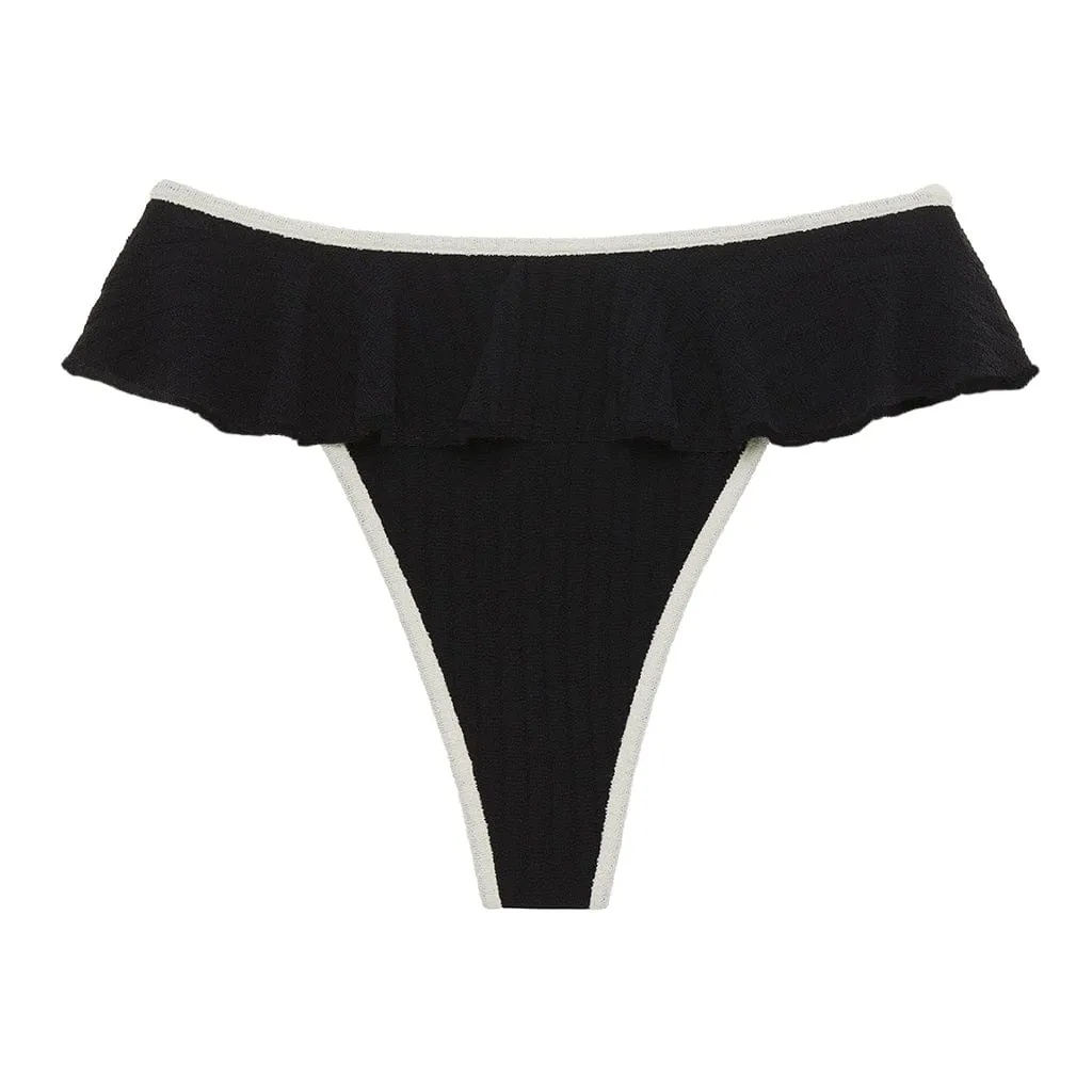 Black (Cream Binded) Terry Rib Tamarindo Ruffle Bikini Bottom