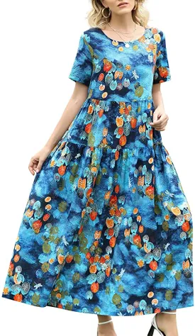 Blue Multi Women Casual Loose Bohemian Floral Dress with Pockets Short Sleeve Long Maxi Summer Beach Swing Dress - Yesno