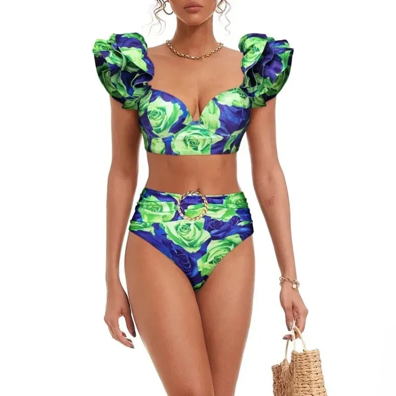 Bohemian Ruffle Floral Bikini Swimsuit Set
