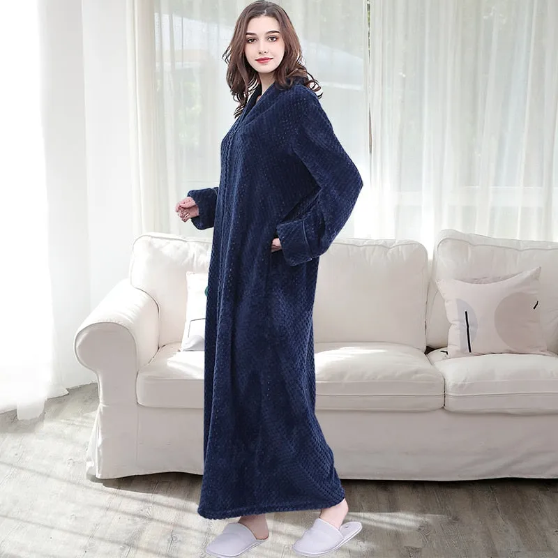 Bonsir Men Winter Plus Size Long Warm Coral Fleece Bathrobe Hooded Cozy Flannel Zipper Bath Robe Night Dressing Gown Women Sleepwear