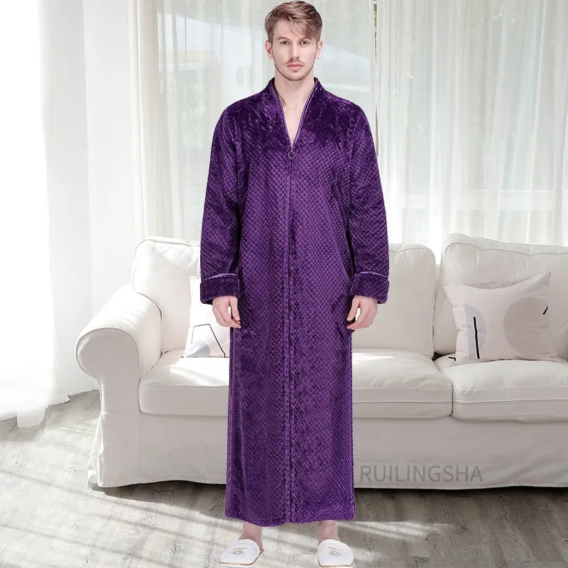 Bonsir Men Winter Plus Size Long Warm Coral Fleece Bathrobe Hooded Cozy Flannel Zipper Bath Robe Night Dressing Gown Women Sleepwear