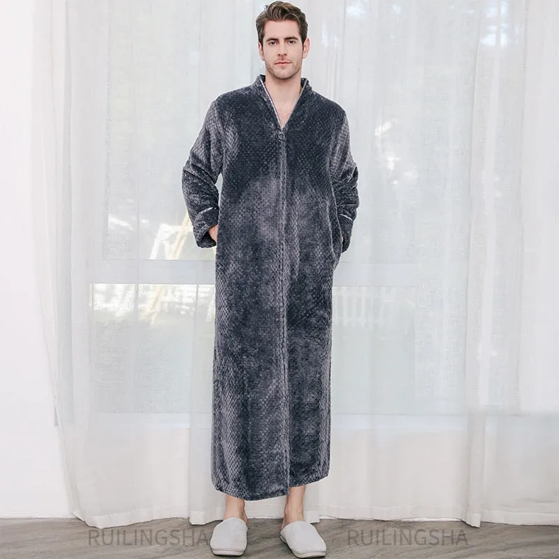 Bonsir Men Winter Plus Size Long Warm Coral Fleece Bathrobe Hooded Cozy Flannel Zipper Bath Robe Night Dressing Gown Women Sleepwear