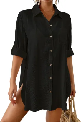 Bsubseach Women Button Down Rolled Cuffed Long Sleeve Shirt Side Slit Collared Blouses with Pockets Oversized Rayon Tops