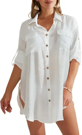 Bsubseach Women Button Down Rolled Cuffed Long Sleeve Shirt Side Slit Collared Blouses with Pockets Oversized Rayon Tops