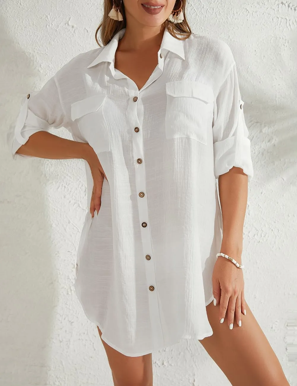 Bsubseach Women Button Down Rolled Cuffed Long Sleeve Shirt Side Slit Collared Blouses with Pockets Oversized Rayon Tops
