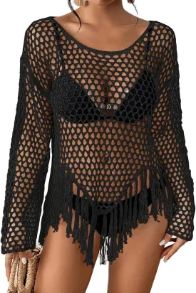 Bsubseach Women's Swimwear Cover Ups Crochet Swimsuit Coverup Knit Beach Top with Tassels