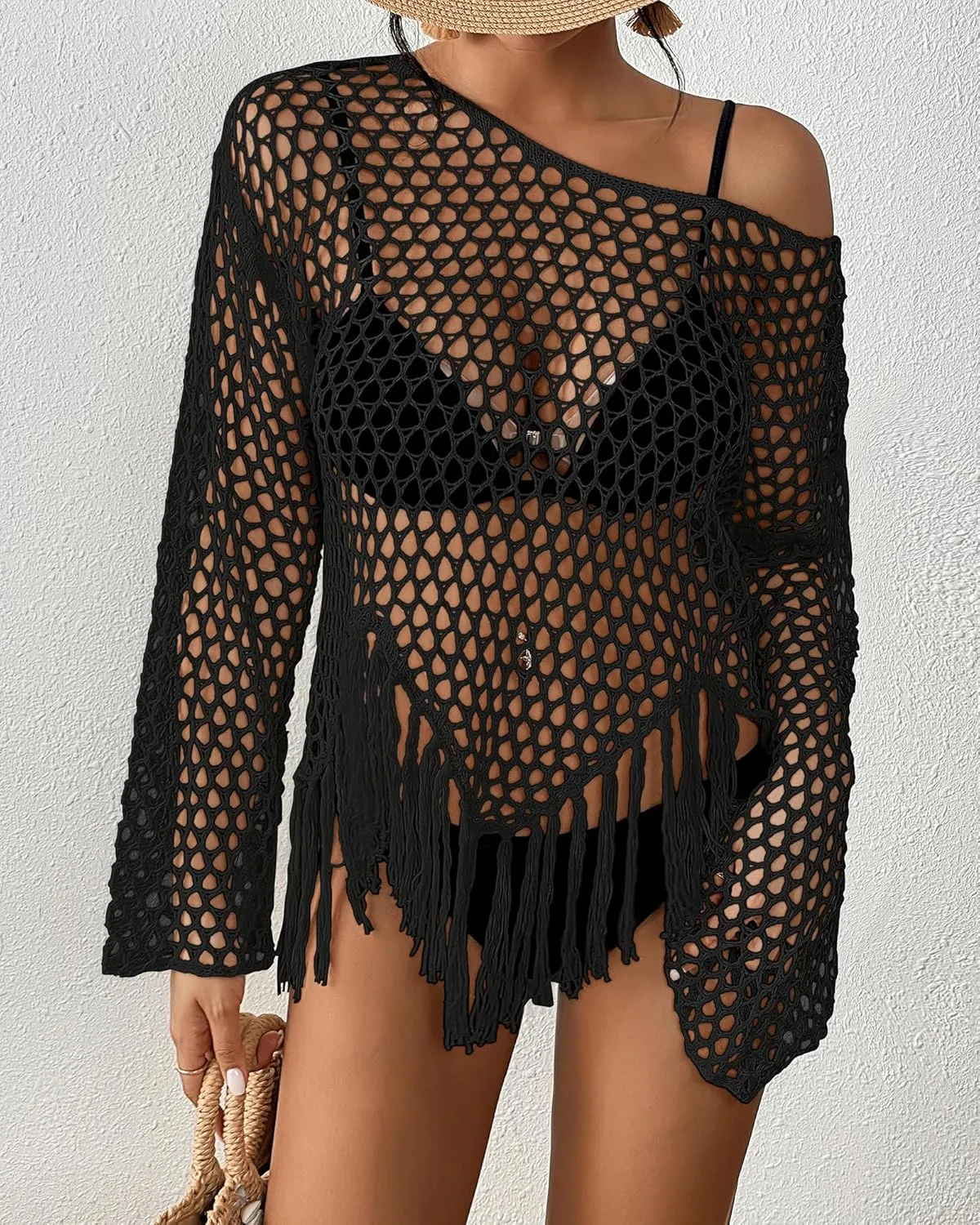 Bsubseach Women's Swimwear Cover Ups Crochet Swimsuit Coverup Knit Beach Top with Tassels