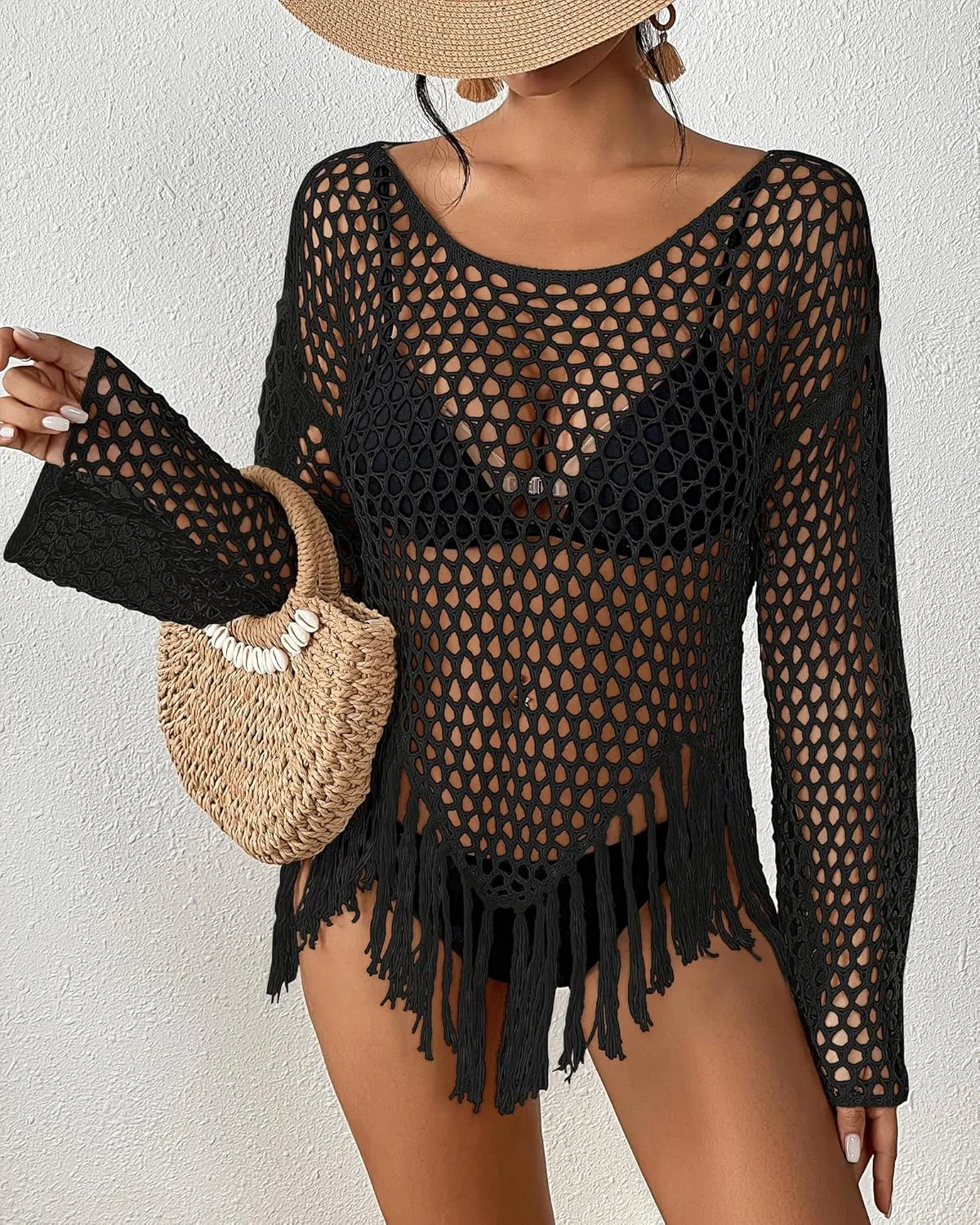 Bsubseach Women's Swimwear Cover Ups Crochet Swimsuit Coverup Knit Beach Top with Tassels