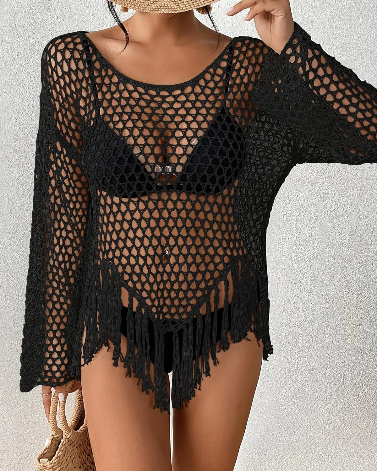 Bsubseach Women's Swimwear Cover Ups Crochet Swimsuit Coverup Knit Beach Top with Tassels