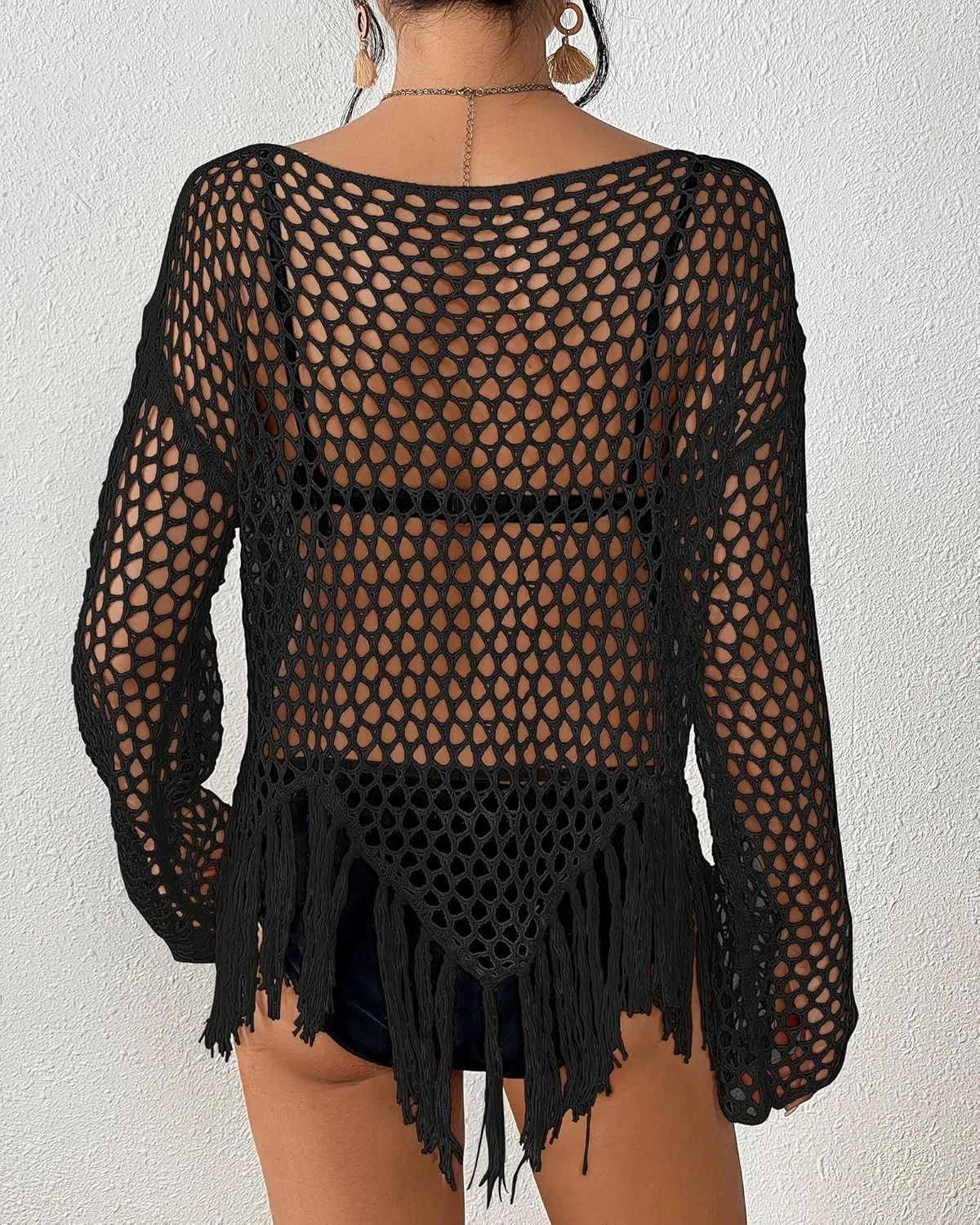 Bsubseach Women's Swimwear Cover Ups Crochet Swimsuit Coverup Knit Beach Top with Tassels