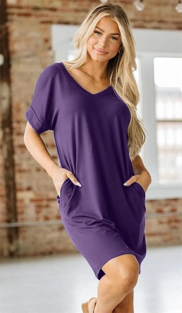Camisunny Womens Short Sleeve Pleated Loose Swing Casual Dresses with Pockets Knee Length Summer V Neck Tunic Dress