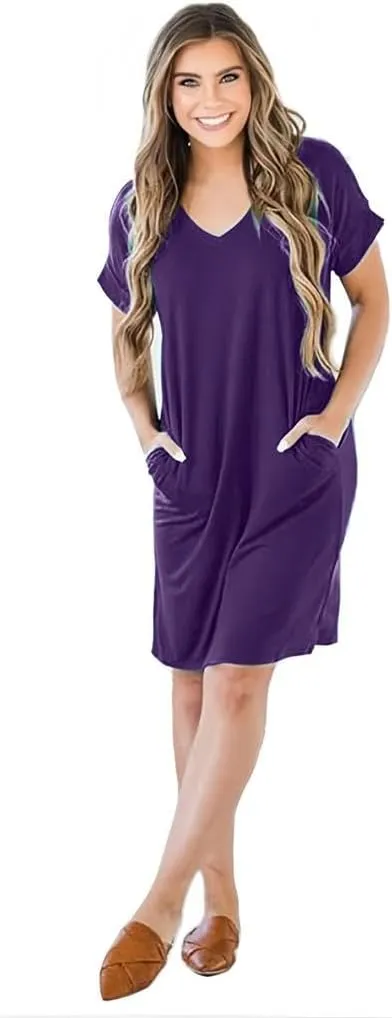 Camisunny Womens Short Sleeve Pleated Loose Swing Casual Dresses with Pockets Knee Length Summer V Neck Tunic Dress